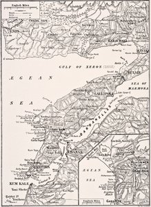 Podrobná mapa poloostrova Gallipoli a Dardanely Turecko, 1915, z 